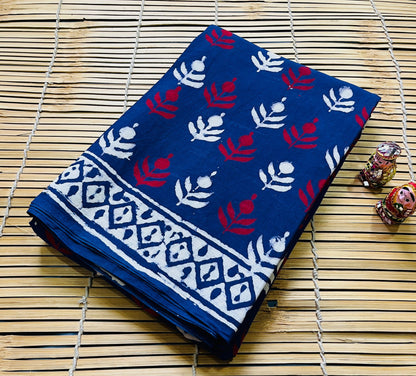 Indigo Maroon Floral Buta Cotton Mul Handblock Saree – Handcrafted wholesale saree for boutiques and designers