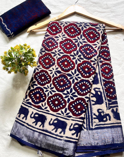 Indigo Motif Saree – Handcrafted cotton linen handblock printed saree wholesale for boutiques and designers