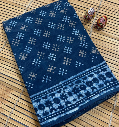 Indigo Small Butti Cotton Mul Handblock Saree – Wholesale handcrafted designer saree for boutiques and retailers by Fabtexs