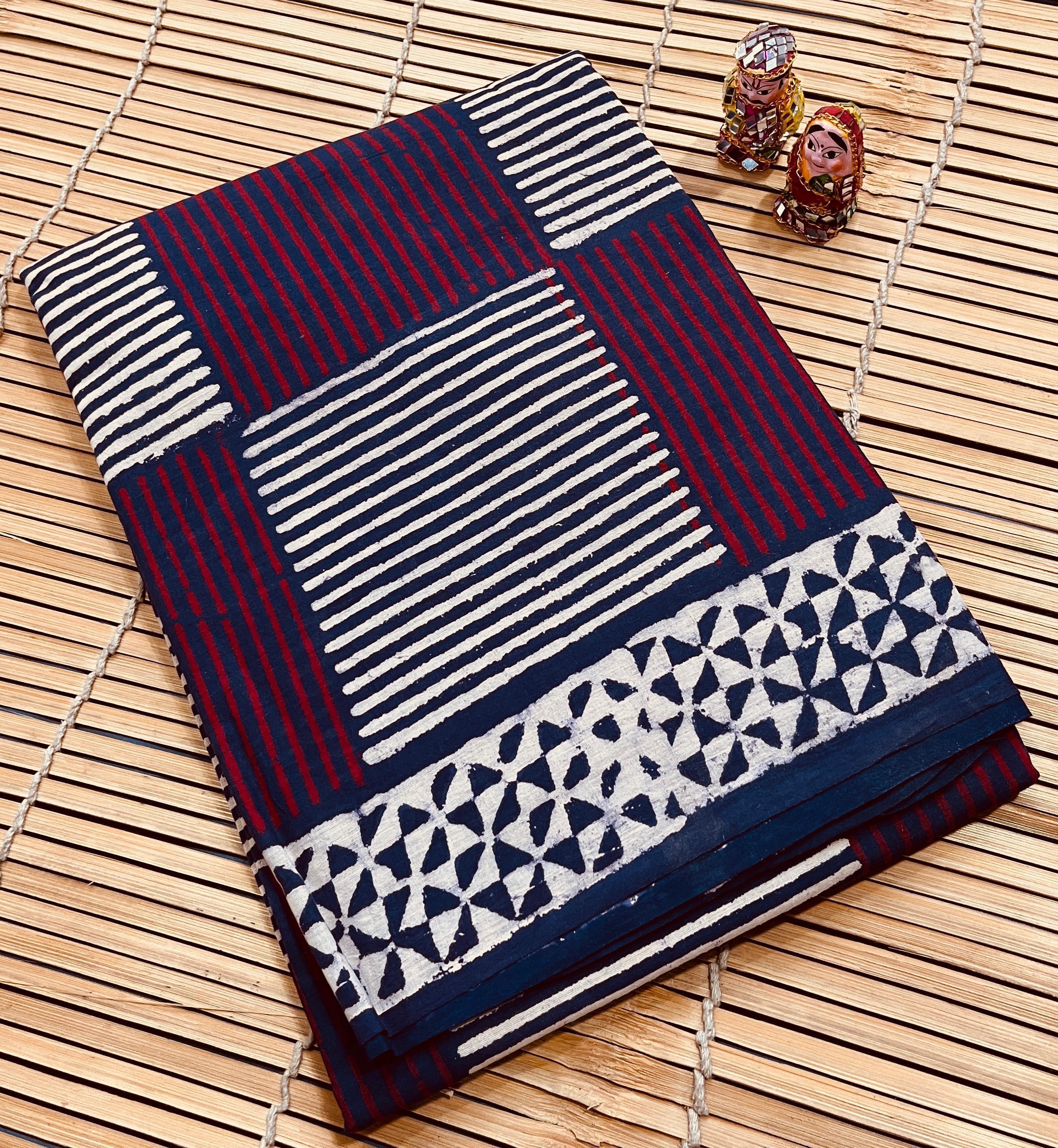 Indigo Stripes Cotton Mul Handblock Saree – Premium handmade saree wholesale for retailers and boutiques