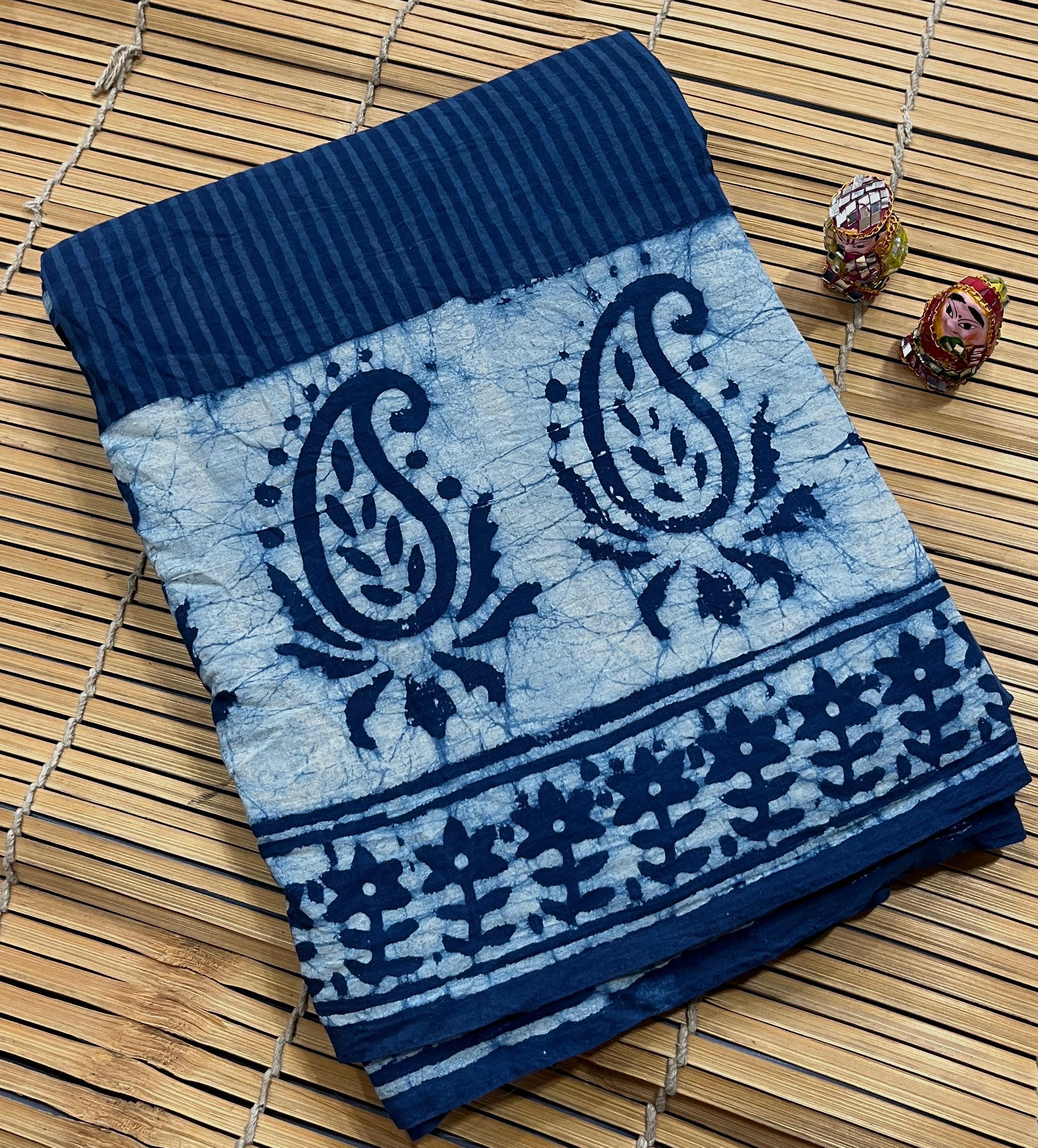 Indigo Stripes Paisley Buta Cotton Mul Handblock Saree – Premium wholesale saree for retailers and boutiques