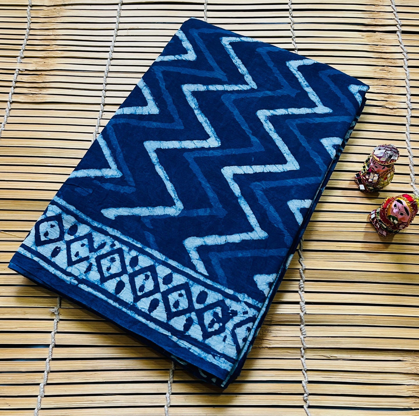 Indigo Zigzag Design Cotton Mul Handblock Saree – Designer handcrafted wholesale saree from Fabtexs