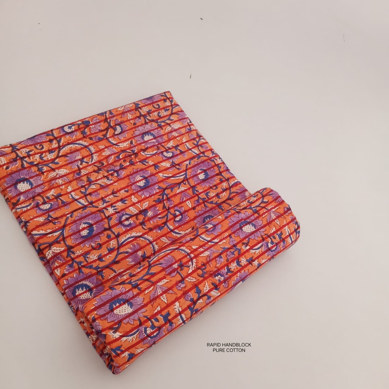 Sanganeri handblock printed cotton fabric – orange striped cotton print | Jaipur Sanganeri fabric wholesale supplier