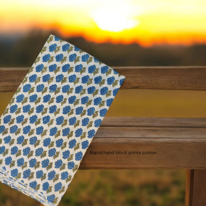 White blue floral butti pure cotton Sanganeri handblock printed fabric wholesale by Fabtexs