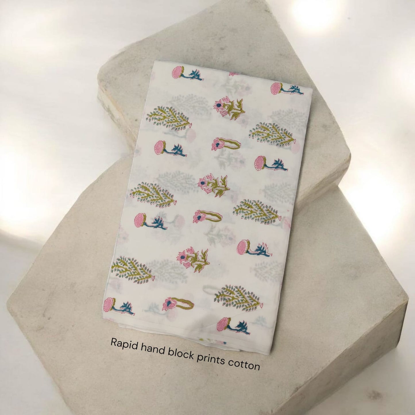 White peach green big floral butta Jaipur Sanganeri handblock printed cotton fabric wholesale Fabtexs