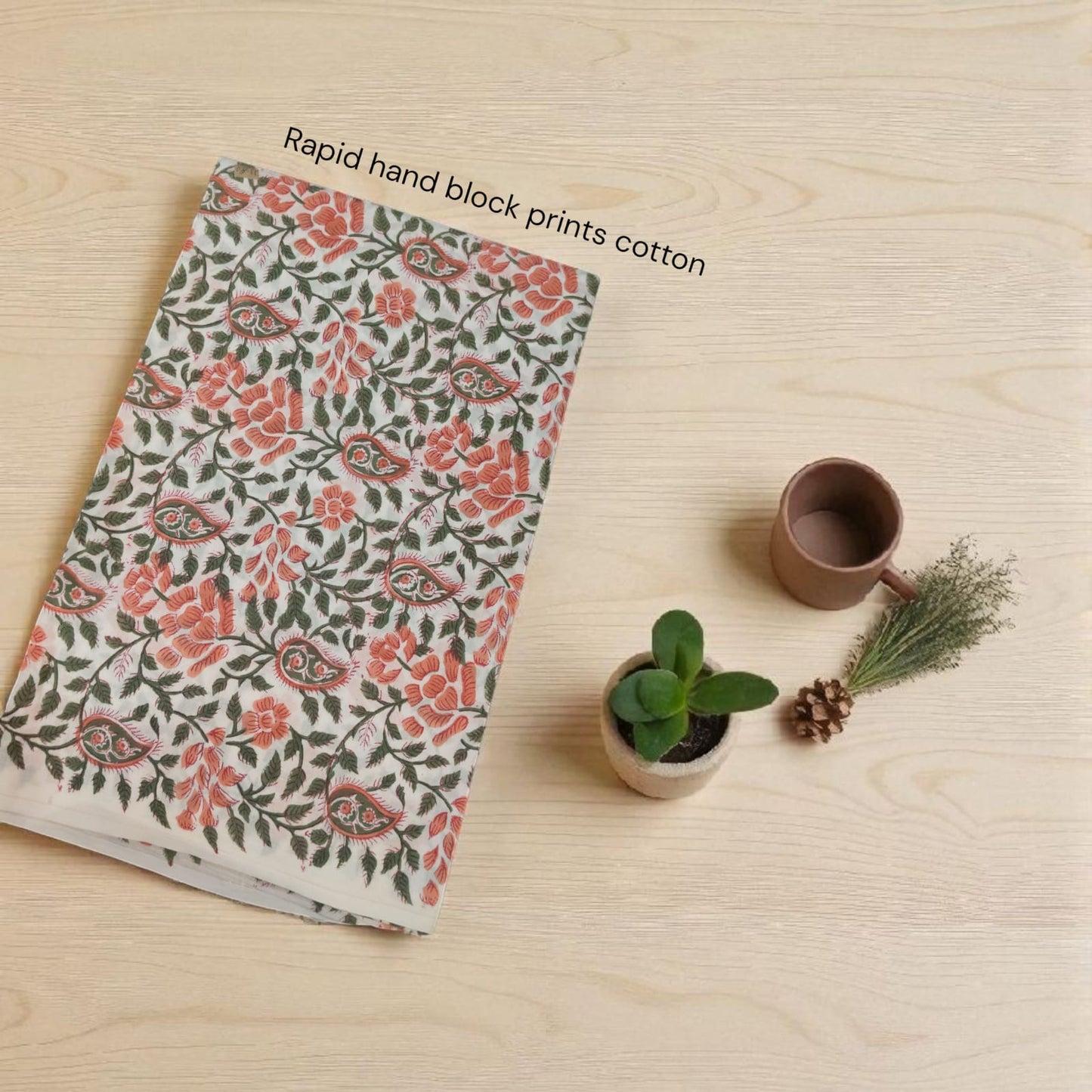 White peach green floral jaal Jaipur Sanganeri handblock cotton fabric for wholesale sourcing Fabtexs