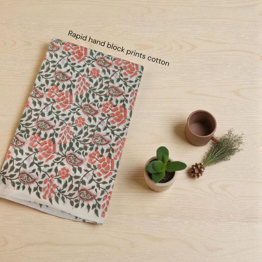 White peach green floral jaal Jaipur Sanganeri handblock cotton fabric for wholesale sourcing Fabtexs