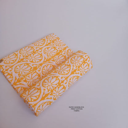 Jaipur Sanganeri handblock printed cotton fabric wholesale in white yellow floral design