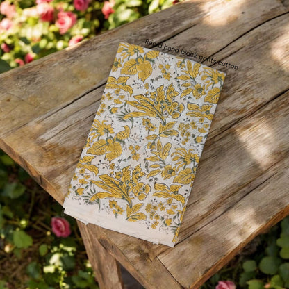 White yellow floral jaal pure cotton Sanganeri handblock printed fabric wholesale by Fabtexs