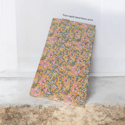 Yellow peach floral jaal pure cotton Sanganeri handblock printed fabric wholesale by Fabtexs