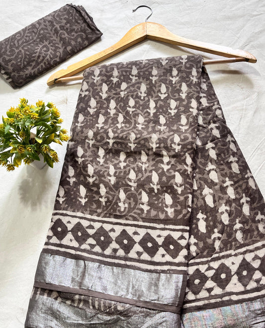 Kashish Brown Paisley Booty Jal Saree – Handcrafted cotton linen handblock printed saree wholesale for boutiques, retailers, and designers