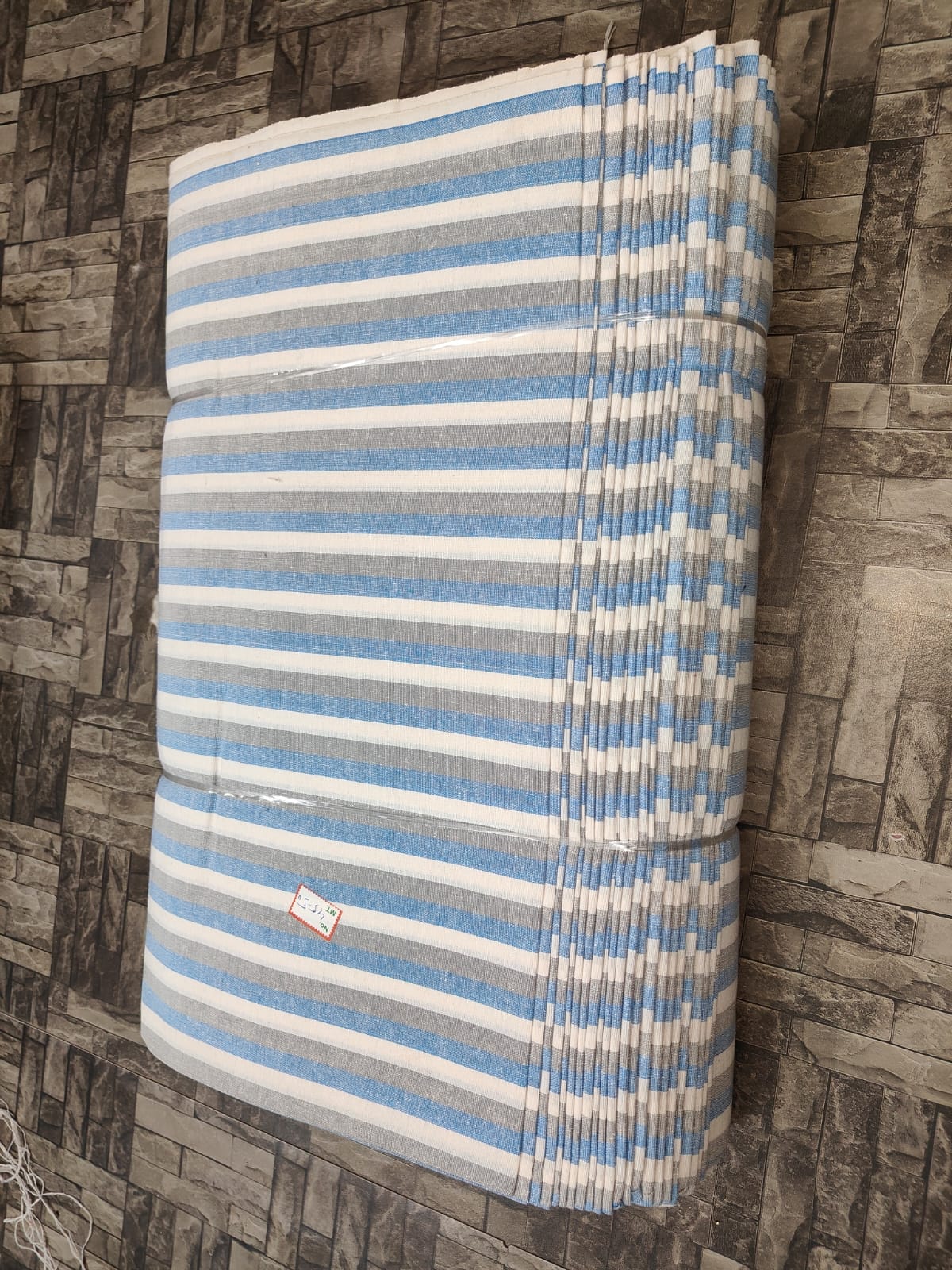 Blue, grey, and white striped khadi fabric, pure cotton machine-woven for B2B sourcing at Fabtexs