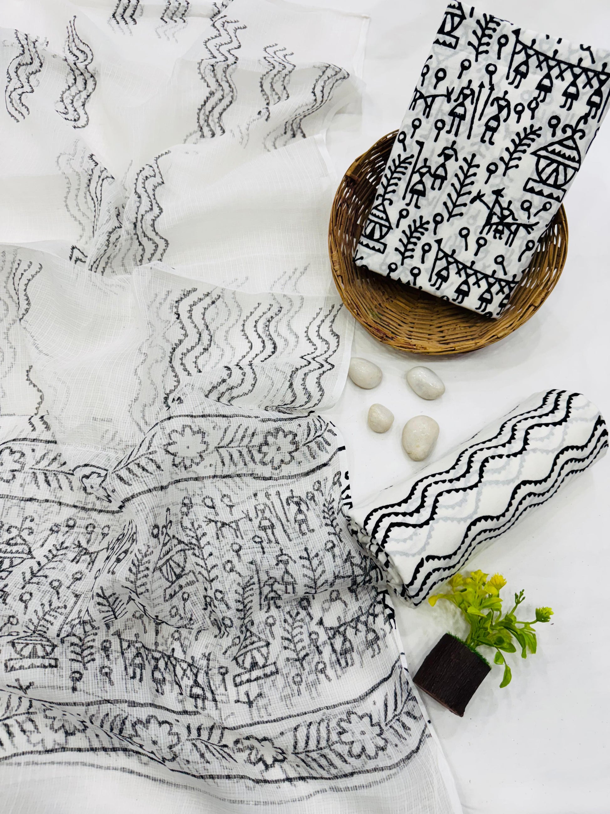 Wholesale Kota Doria Black and White Warli Dress Material – Artisan handblock printed fabric for boutiques, designers & bulk orders