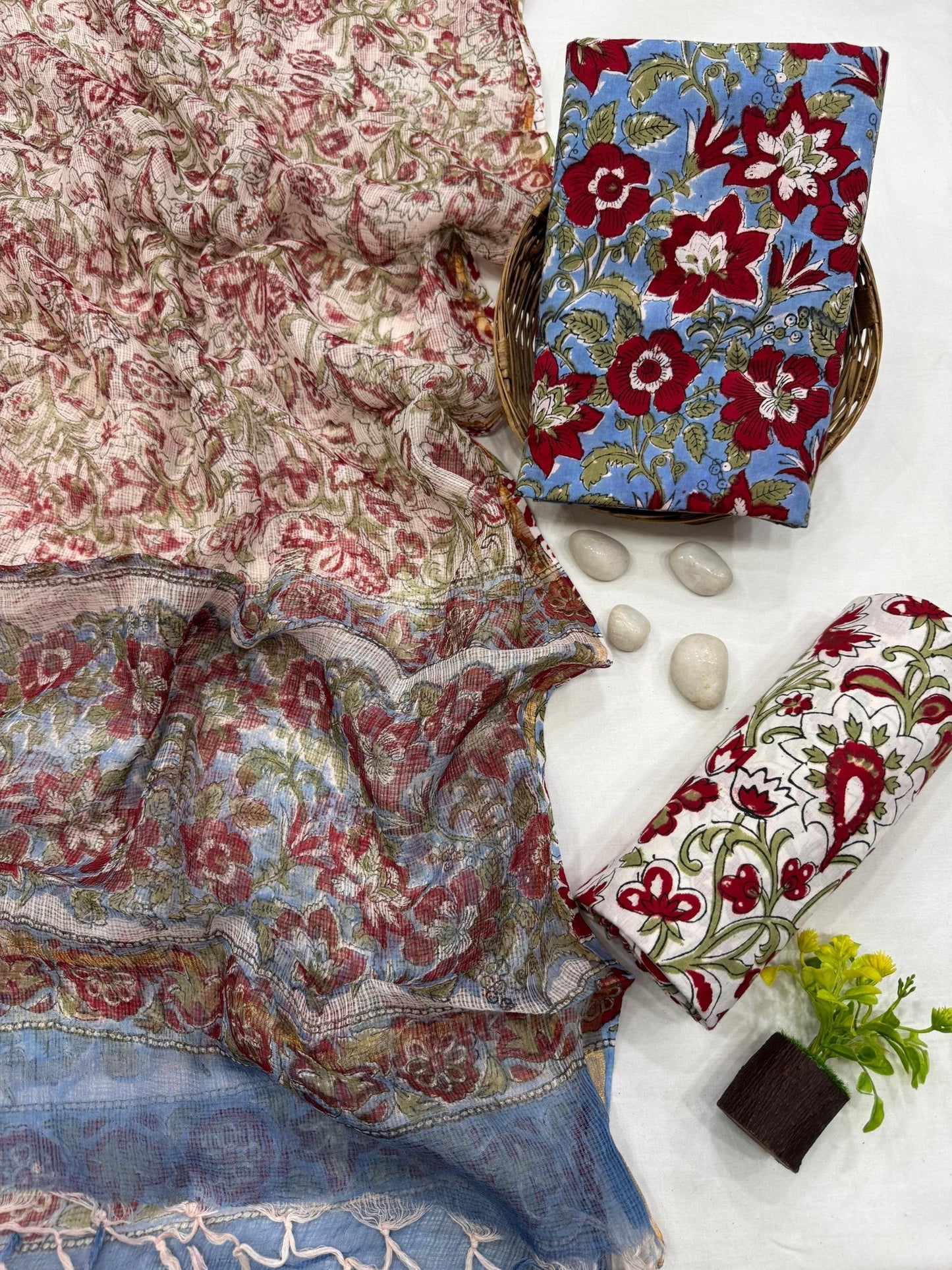 Handcrafted Kota Doria Blue Floral Jaal Dress Material – Lightweight handblock printed fabric for boutiques, designers & wholesale buyers