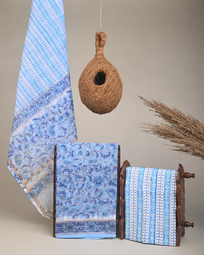 Wholesale Kota Doria Blue Floral Jaal Dress Material – Lightweight handblock printed fabric for designers, boutiques & bulk orders