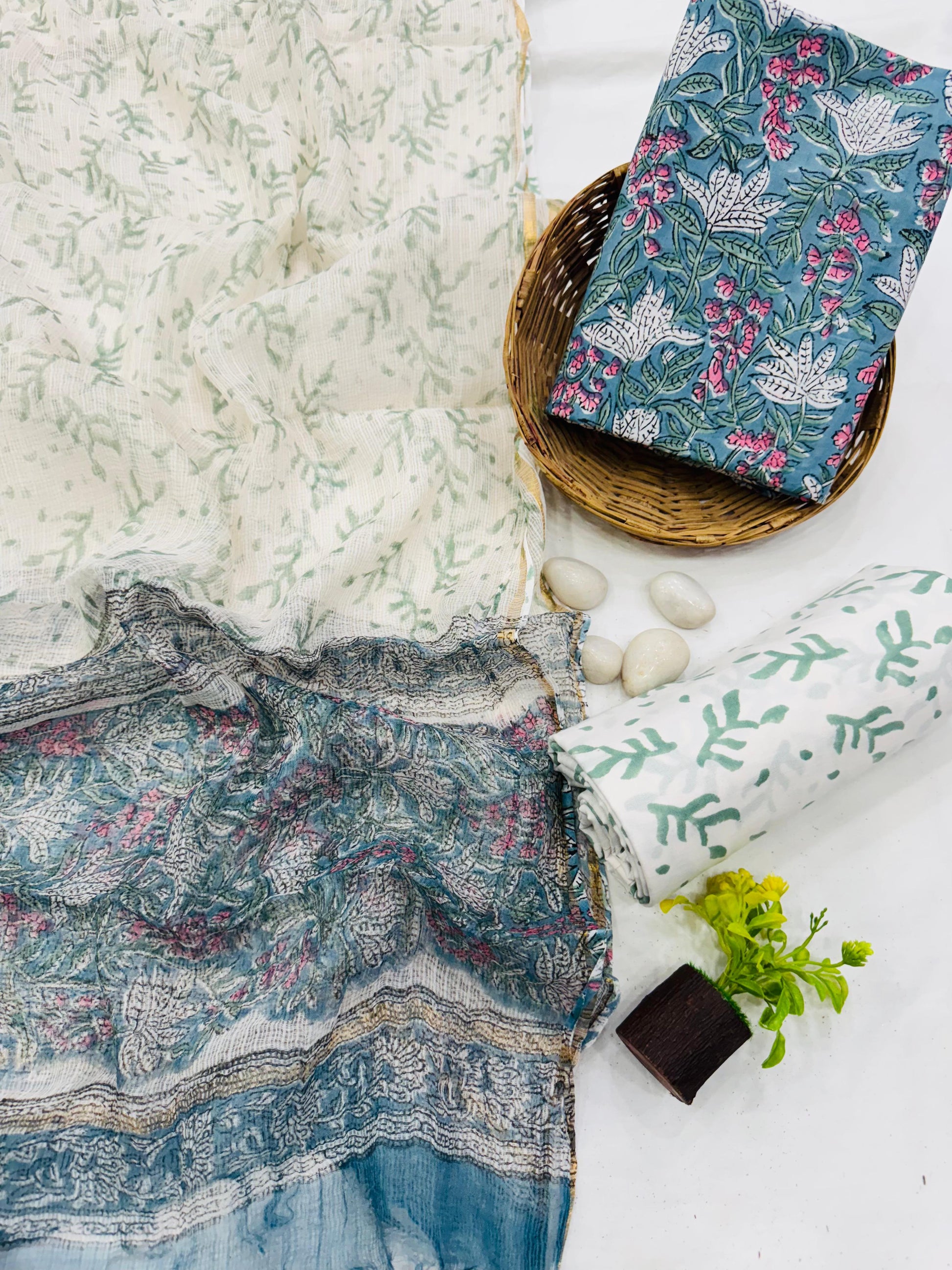 Wholesale Kota Doria Blue Floral John Dress Material – Artisan handblock printed fabric for boutiques, designers & bulk orders