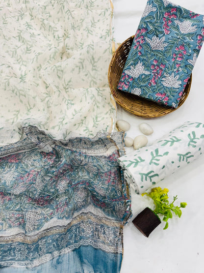 Wholesale Kota Doria Blue Floral John Dress Material – Artisan handblock printed fabric for boutiques, designers & bulk orders