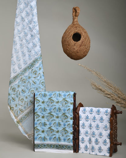 Handcrafted Kota Doria Blue Jaal Dress Material – Artisan handblock printed fabric for boutiques, designers & wholesale buyers