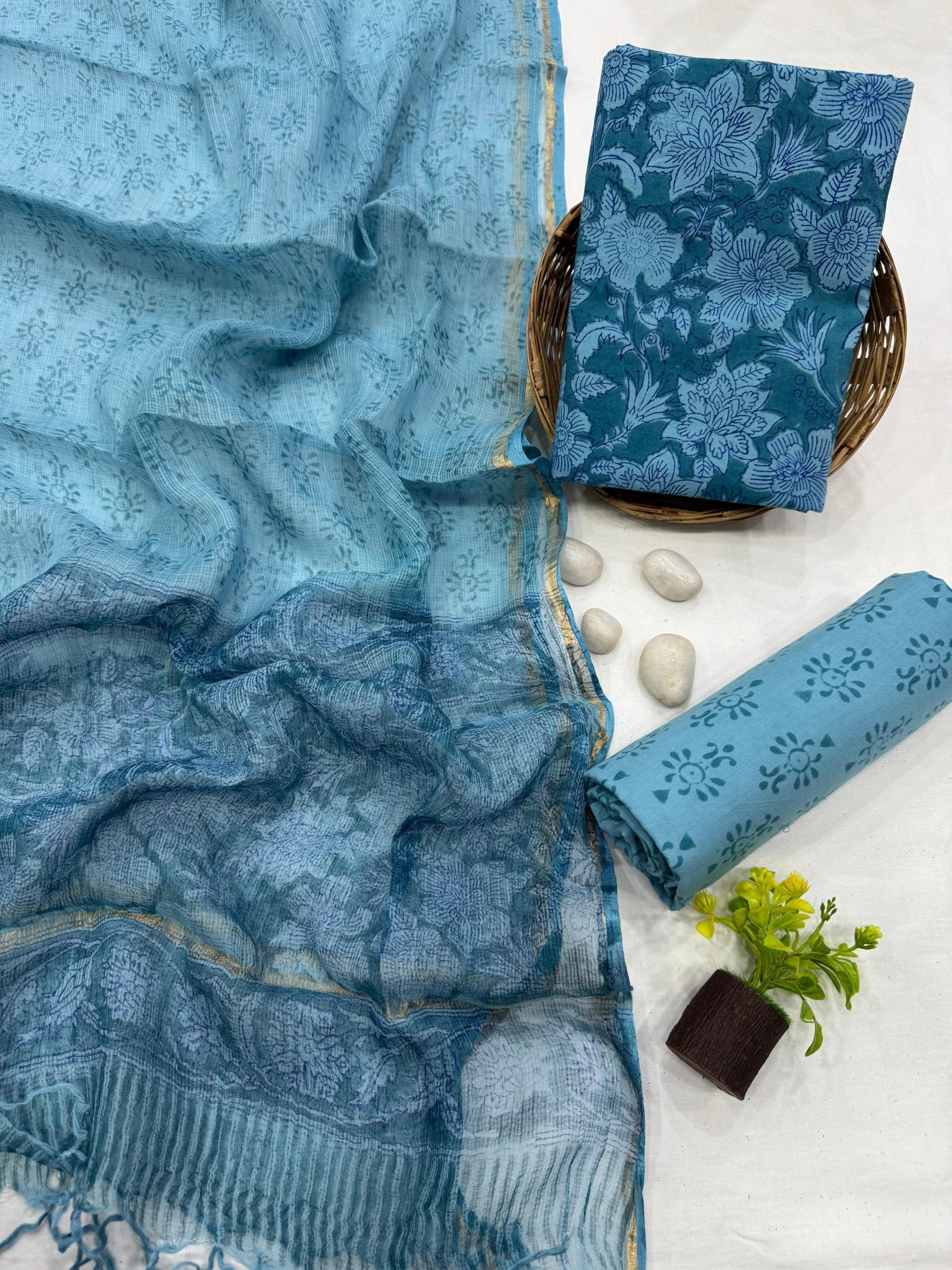 Wholesale Kota Doria Blue Jaal Dress Material – Artisan handblock printed fabric for designers, boutiques & bulk orders