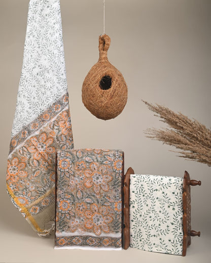 Wholesale Kota Doria Brown Motif Dress Material – Lightweight, handblock printed fabric for designers, boutiques, and bulk orders