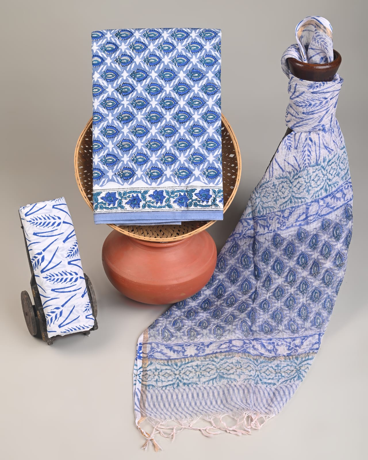 Blue butti leaf Kota Doria dress material wholesale, handblock printed Kota Doria cotton dress material for boutiques and designers by Fabtexs