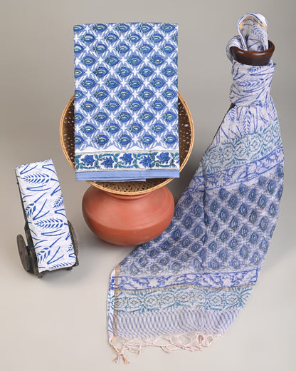 Blue butti leaf Kota Doria dress material wholesale, handblock printed Kota Doria cotton dress material for boutiques and designers by Fabtexs