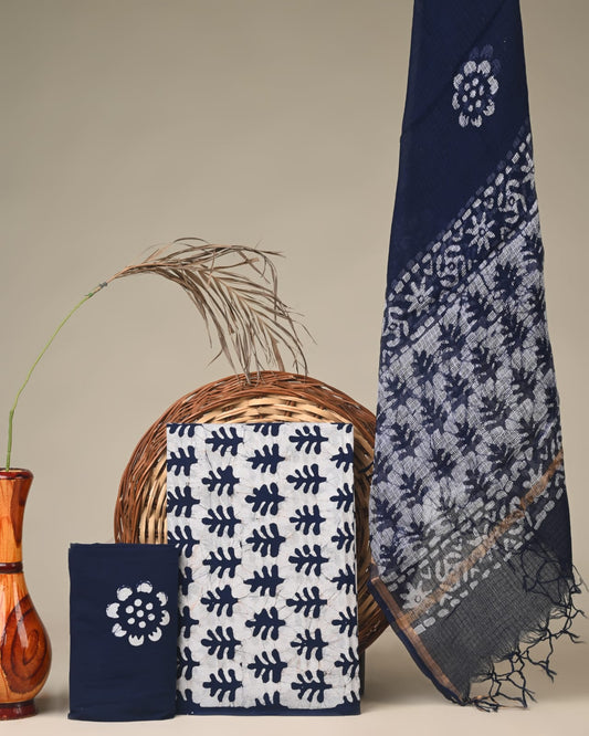 Blue butti leaf Kota Doria dress material wholesale, handblock printed Kota Doria cotton dress material for boutiques and designers by Fabtexs26