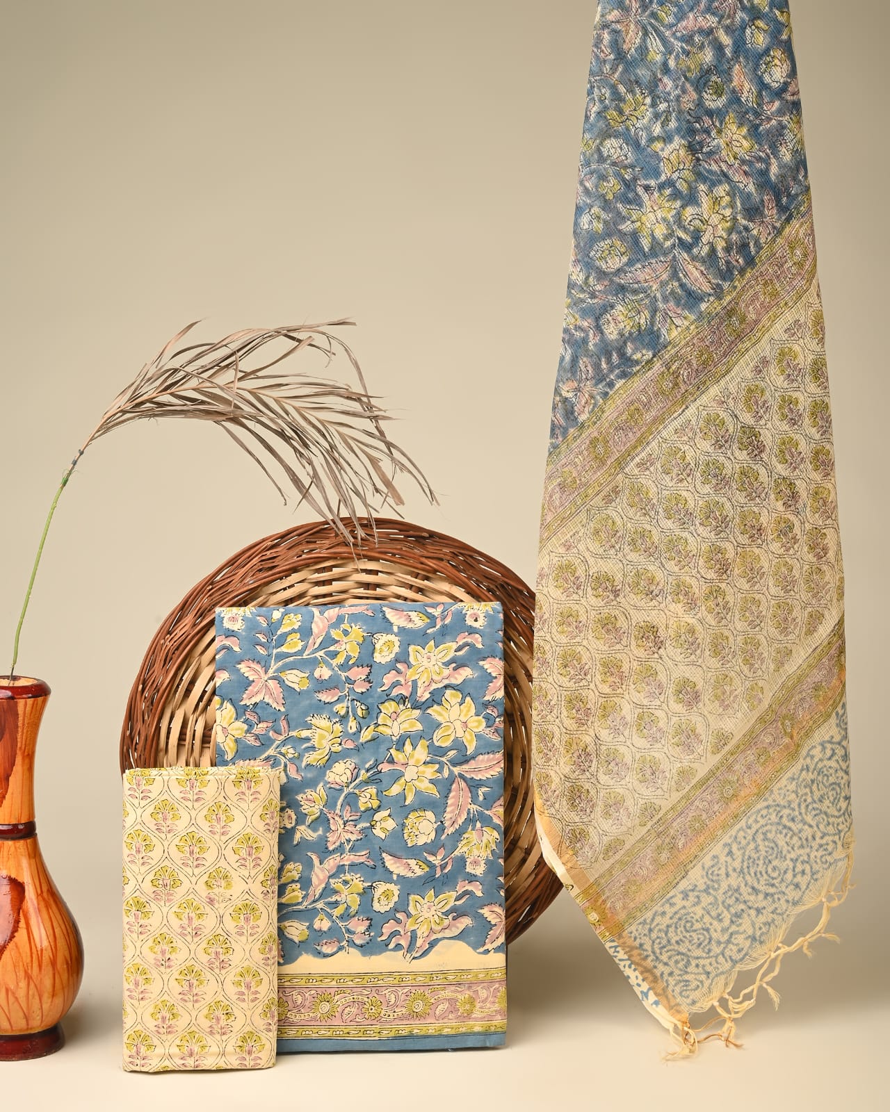 Blue Kota Doria dress material wholesale, traditional handblock printed Kota Doria fabric for B2B buyers by Fabtexs