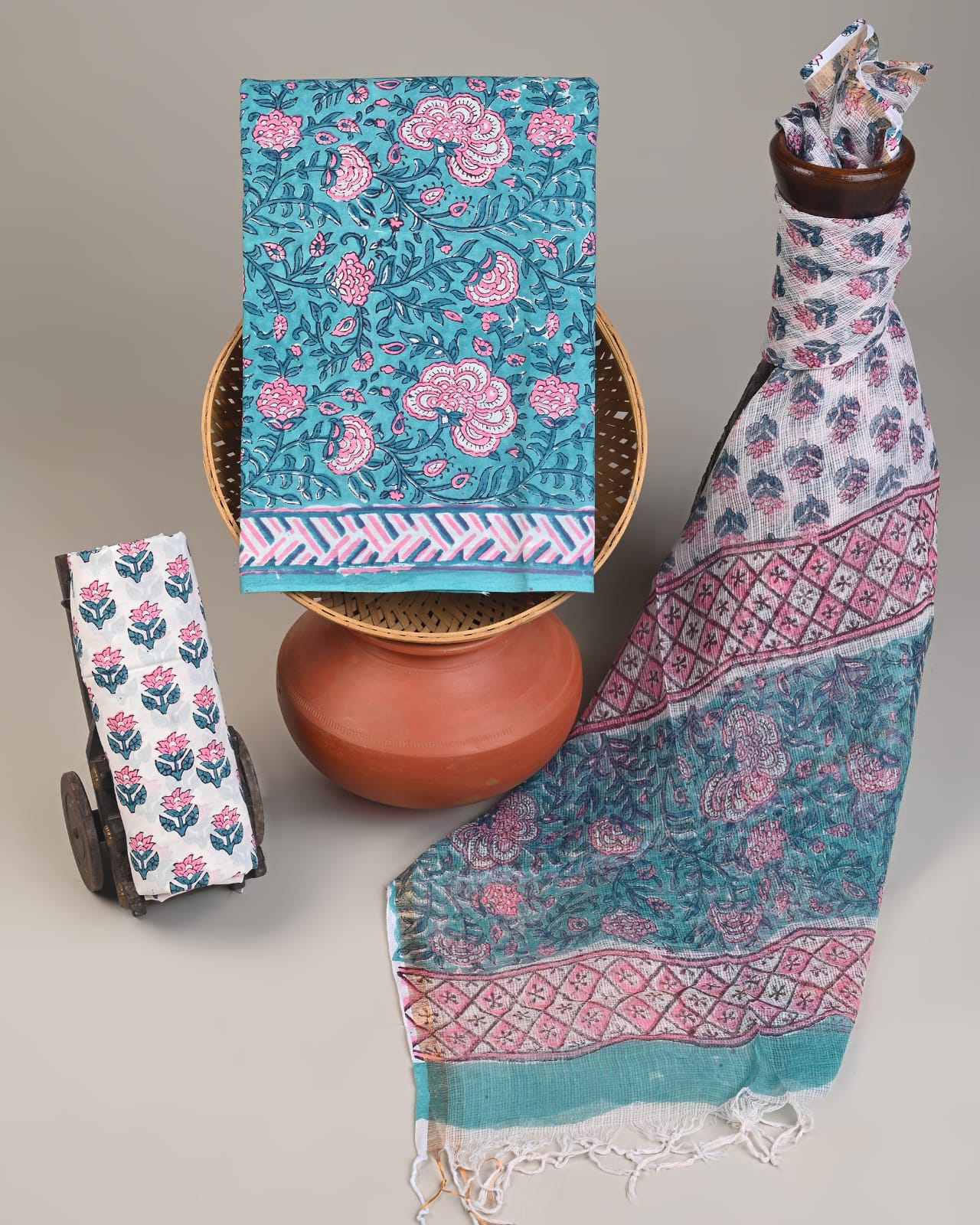 Blue pink jaal Kota Doria dress material wholesale, artisan handblock printed Kota Doria dress material by Fabtexs