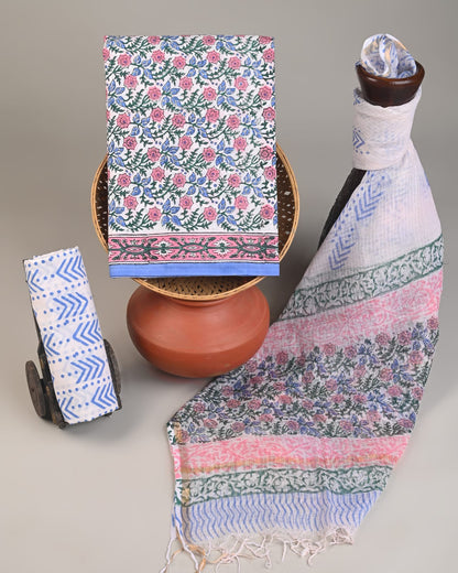 Blue white jaal Kota Doria dress material wholesale, handblock printed Kota Doria cotton dress material for boutiques by Fabtexs