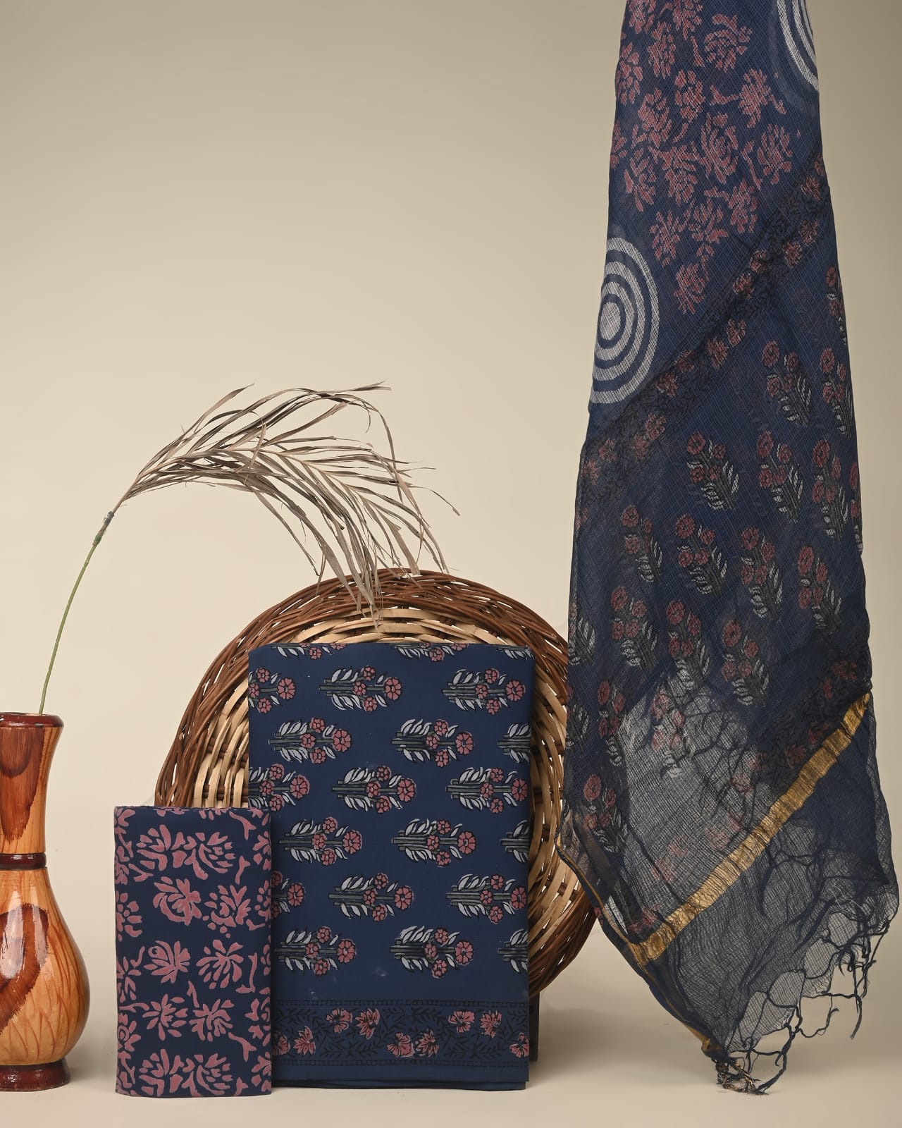 Dark blue Kota Doria dress material wholesale, artisan handblock printed Kota Doria cotton dress material by Fabtexs