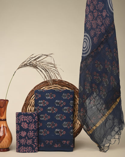 Dark blue Kota Doria dress material wholesale, artisan handblock printed Kota Doria cotton dress material by Fabtexs
