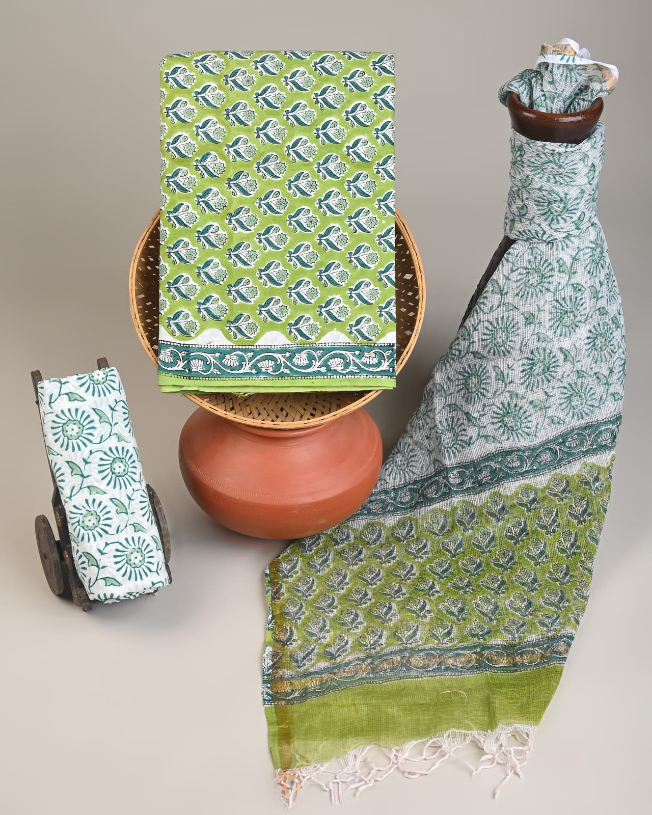 Fresh green Kota Doria dress material wholesale, traditional handblock printed Kota Doria fabric for wholesale buyers by Fabtexs