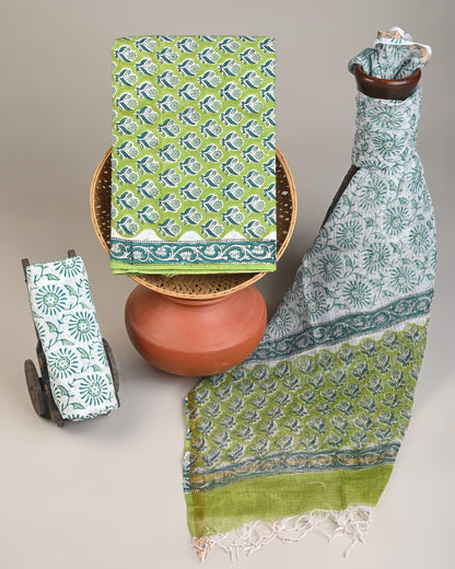 Fresh green Kota Doria dress material wholesale, traditional handblock printed Kota Doria fabric for wholesale buyers by Fabtexs