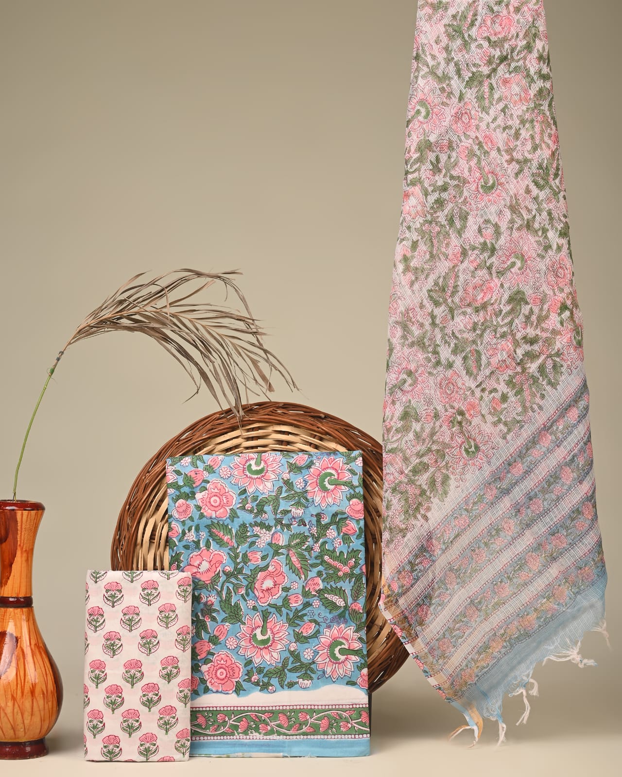 Light blue Kota Doria dress material wholesale, handblock printed Kota Doria cotton dress material for boutiques by Fabtexs