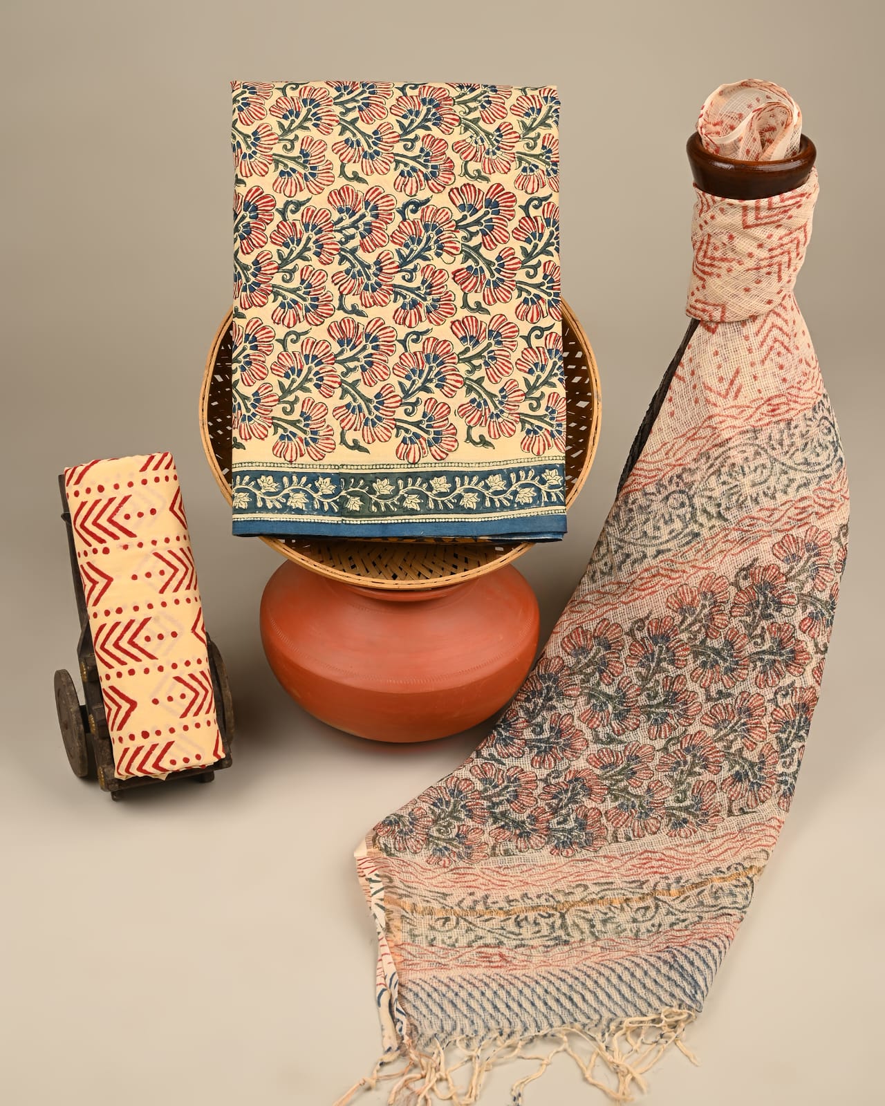 Light peach Kota Doria dress material wholesale, handblock printed Kota Doria cotton dress material for boutiques by Fabtexs