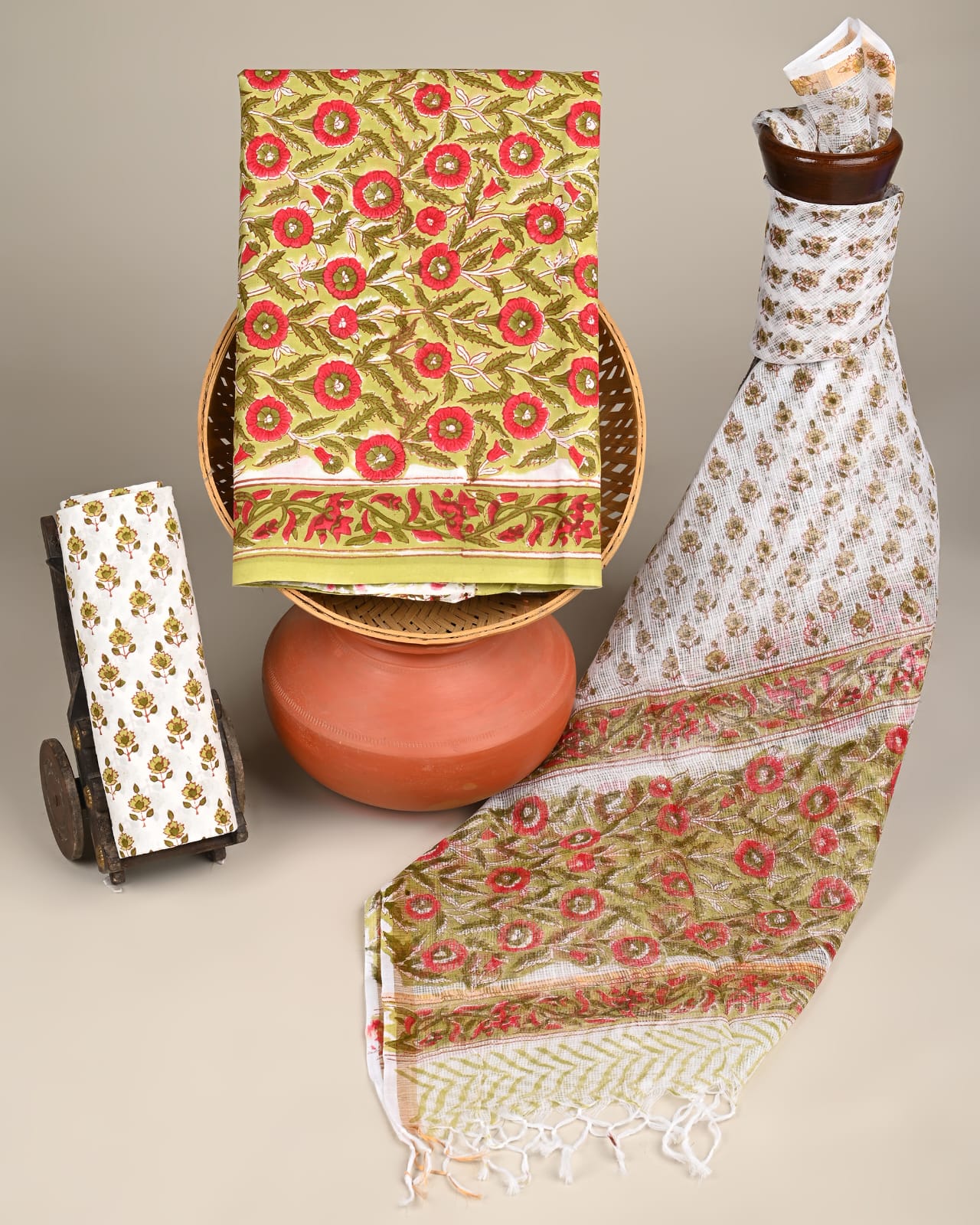 Lime green Kota Doria dress material wholesale, artisan handblock printed Kota Doria dress material for designers by Fabtexs