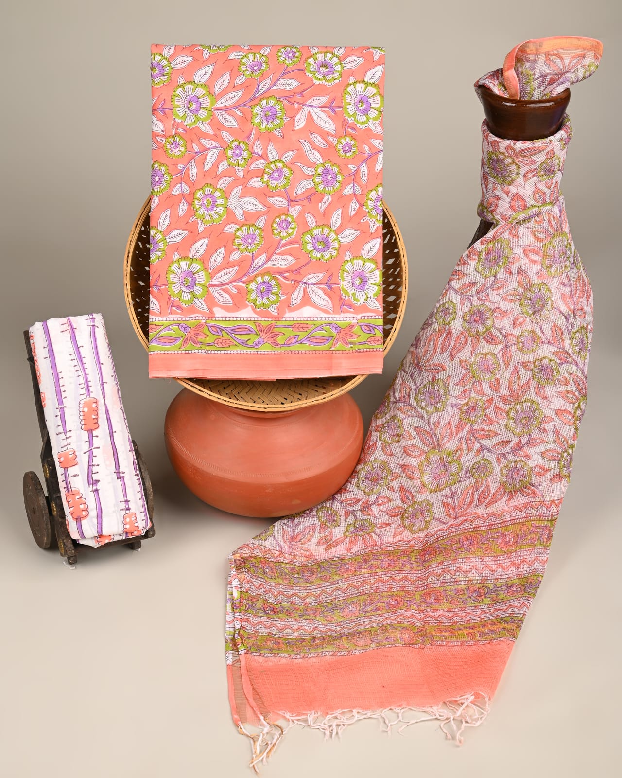 Pink jaal Kota Doria dress material wholesale, handblock printed Kota Doria cotton dress material by Fabtexs