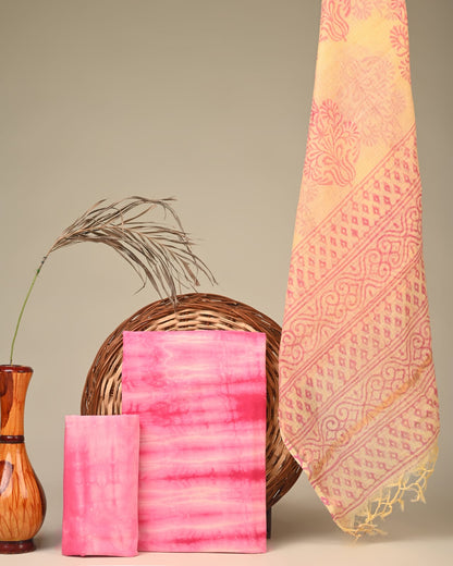 Pink shibori Kota Doria dress material wholesale, artisan handblock printed Kota Doria fabric for boutiques by Fabtexs