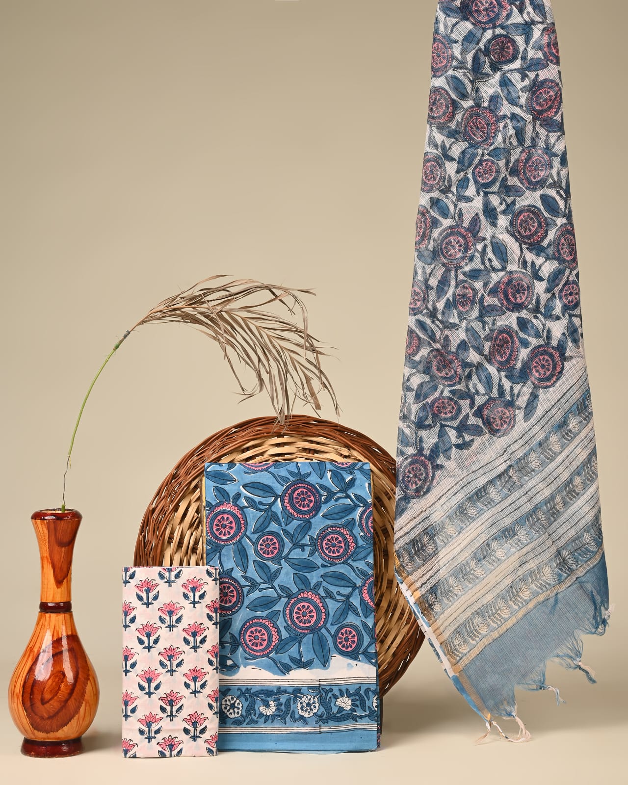 Pink shibori Kota Doria dress material wholesale, artisan handblock printed Kota Doria fabric for boutiques by Fabtexs26