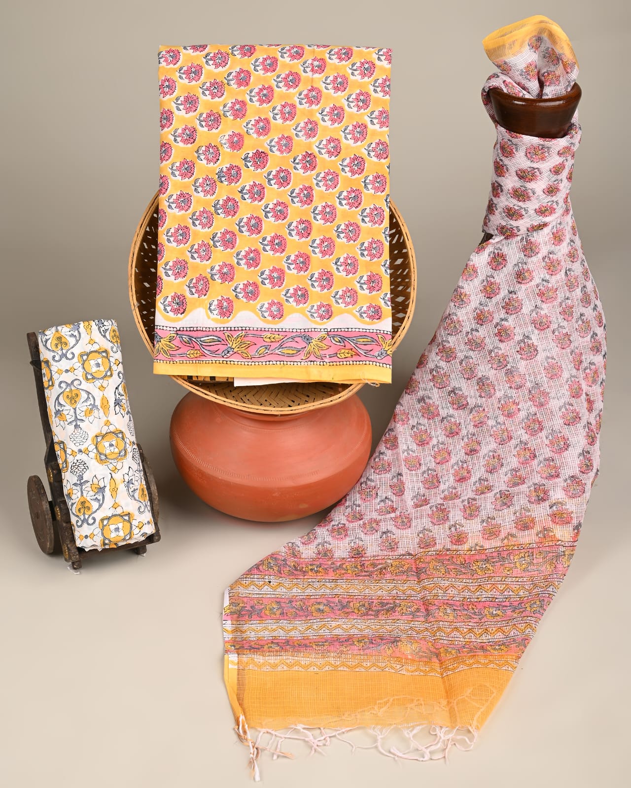 Yellow butti Kota Doria dress material wholesale, artisan handblock printed Kota Doria cotton dress material by Fabtexs