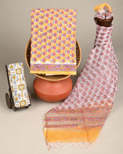 Yellow butti Kota Doria dress material wholesale, artisan handblock printed Kota Doria cotton dress material by Fabtexs
