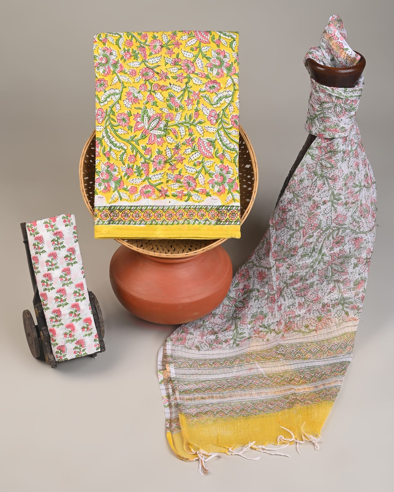 Yellow Kota Doria dress material wholesale, traditional handblock printed Kota Doria fabric for designers by Fabtexs