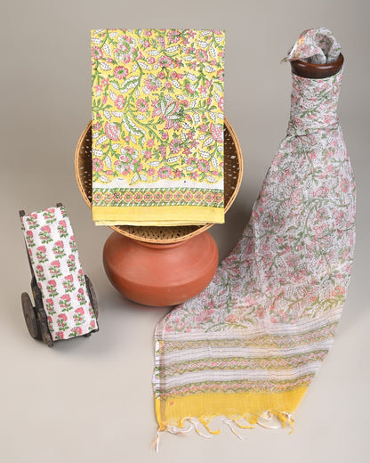 Yellow jaal Kota Doria dress material wholesale, handblock printed Kota Doria cotton dress material for B2B buyers by Fabtexs