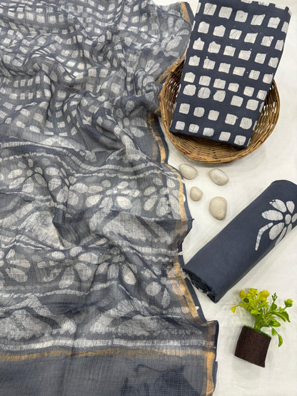 Wholesale Kota Doria Gray chex Dress Material – Artisan handblock printed fabric for boutiques, designers & bulk orders