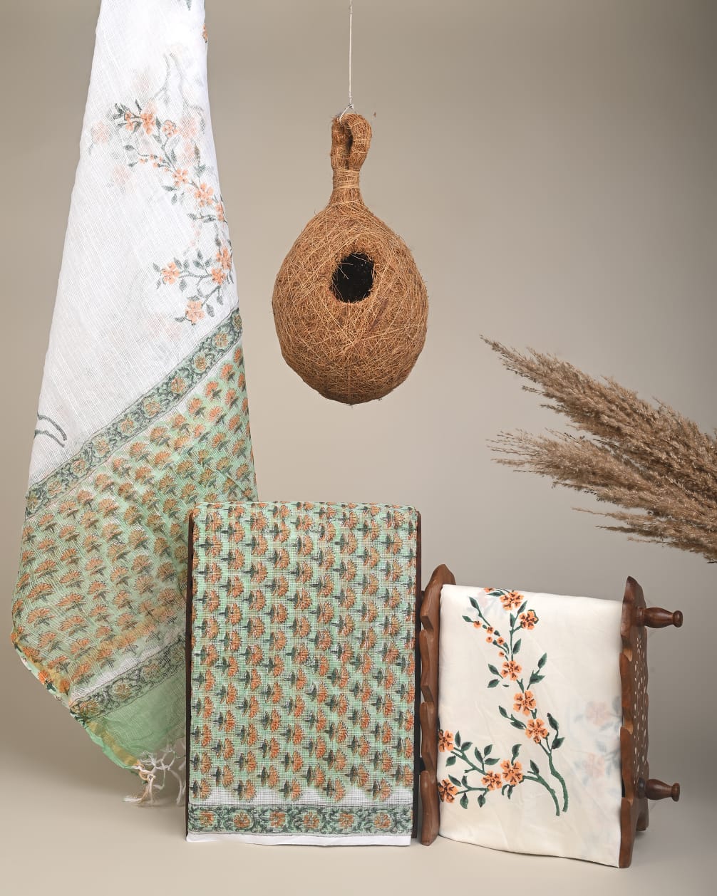 Handblock Printed Kota Doria Green Booti Dress Material – Artisan-crafted fabric for boutiques, designers & bulk buyers