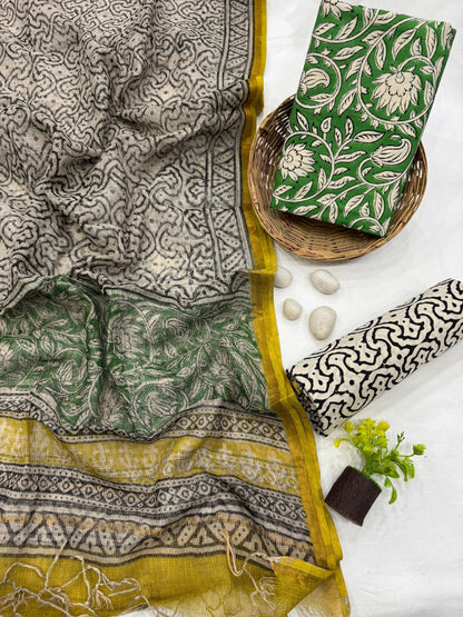 Handblock Printed Kota Doria Green Jaal Dress Material – Lightweight fabric for boutiques, designers, and wholesale buyers