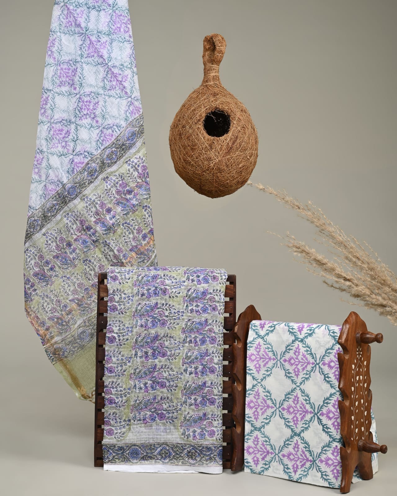 Handblock Printed Kota Doria Green Purple Motif Dress Material – Artisan-crafted fabric for boutiques, designers & wholesale buyers