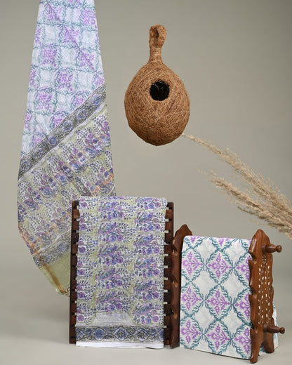 Handblock Printed Kota Doria Green Purple Motif Dress Material – Artisan-crafted fabric for boutiques, designers & wholesale buyers
