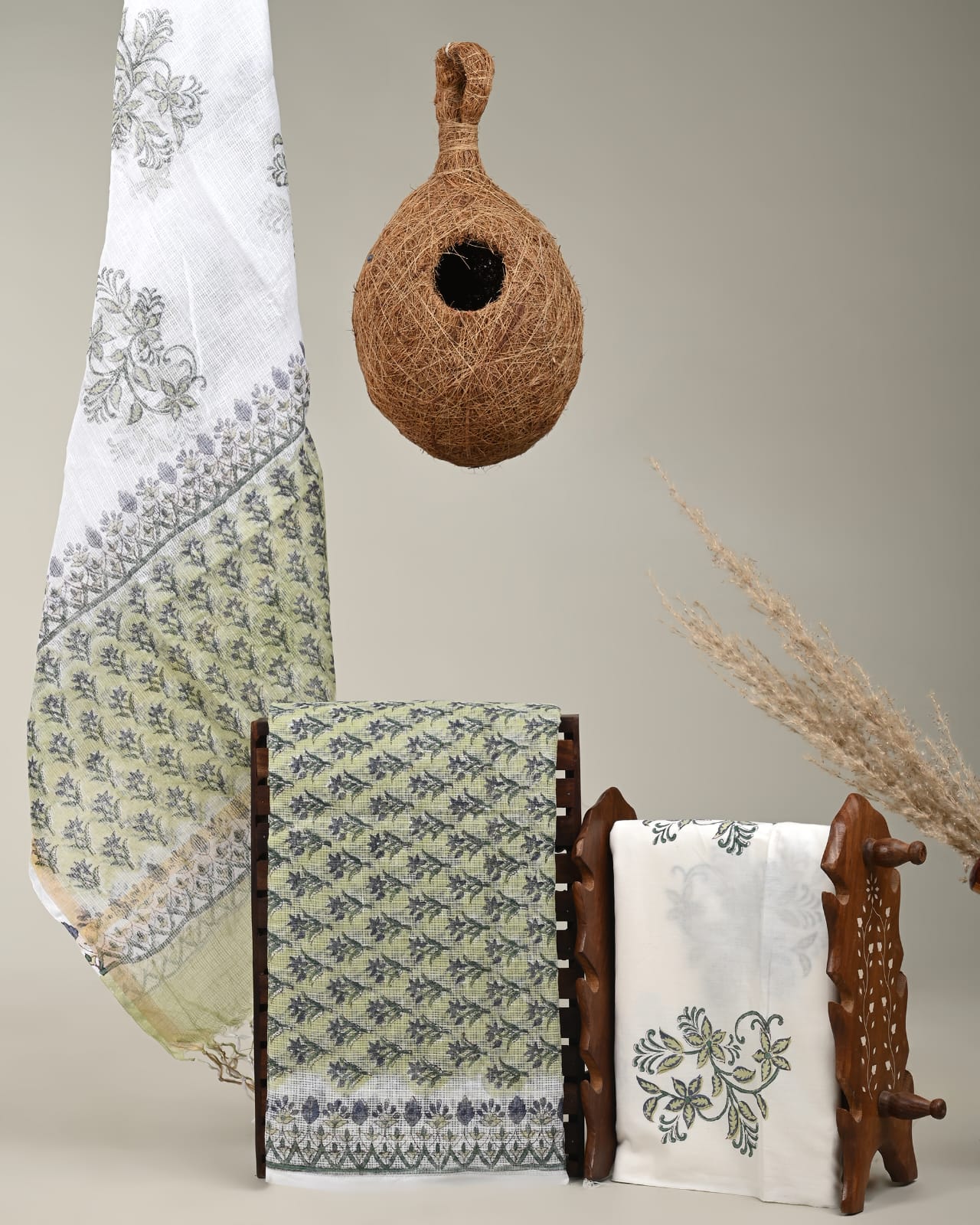 Handcrafted Kota Doria Green Small Booti Dress Material – Artisan handblock printed fabric for boutiques, designers & wholesale buyers